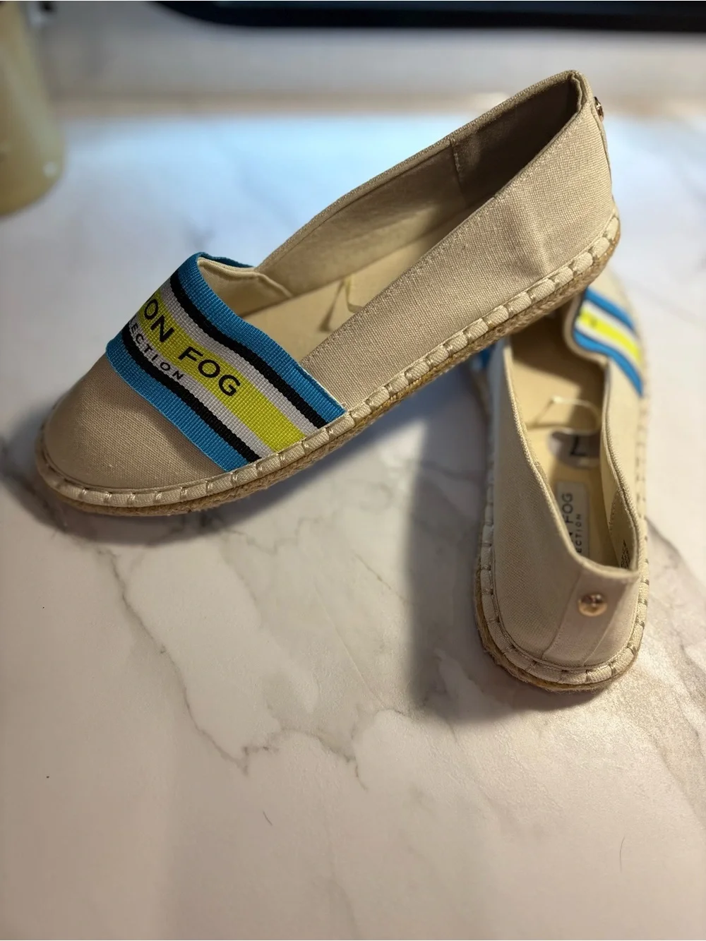 London Fog Cream Espadrille Slip-Ons with Blue and Yellow Stripes